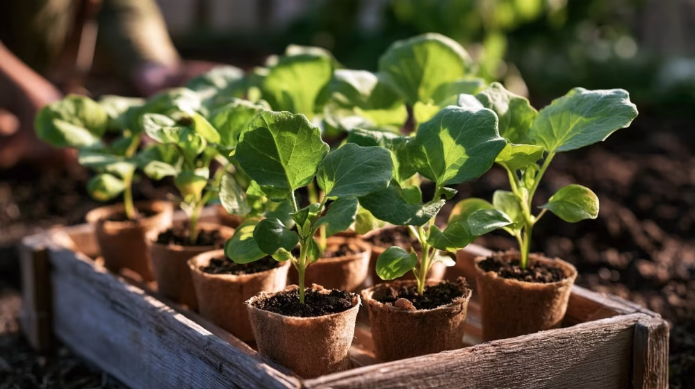 Jeunes plants d’aubergine sains en godets prêts à être repiqués au potager