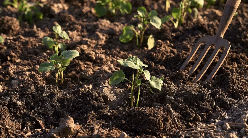 Sol de potager enrichi de compost prêt à accueillir des plants d’aubergines