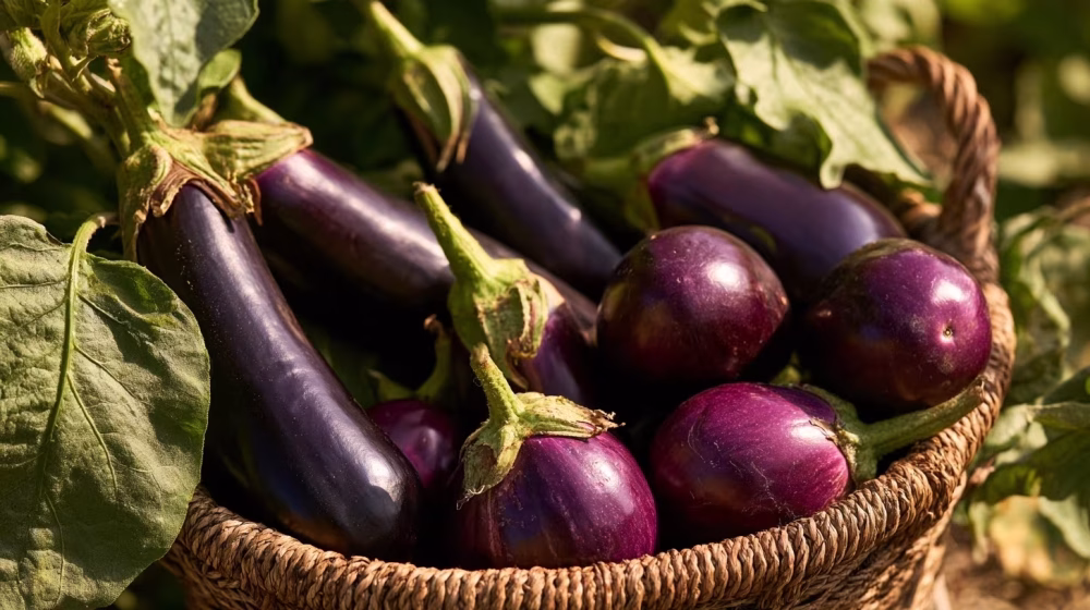 Aubergines violettes de formes variées récoltées dans un potager de Provence
