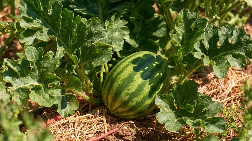 Plant de pastèque paillé avec un tuyau goutte-à-goutte arrosant le sol au pied