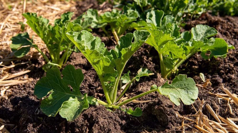 Jeunes plants de pastèque espacés dans un sol ameubli et enrichi de compost à Fréjus