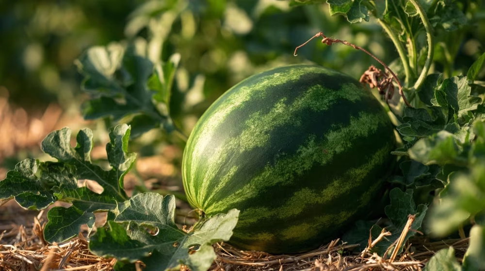 Pastèque mûre à l’écorce striée sur sa vigne avec une vrille desséchée près du pédoncule
