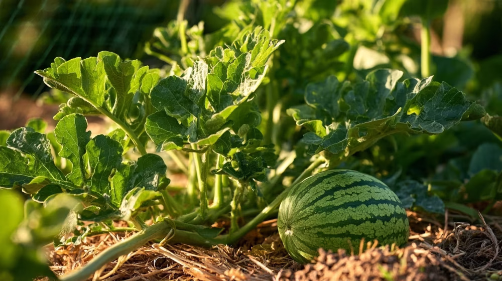 Feuillage sain de plant de pastèque observé dans un potager avec paillage