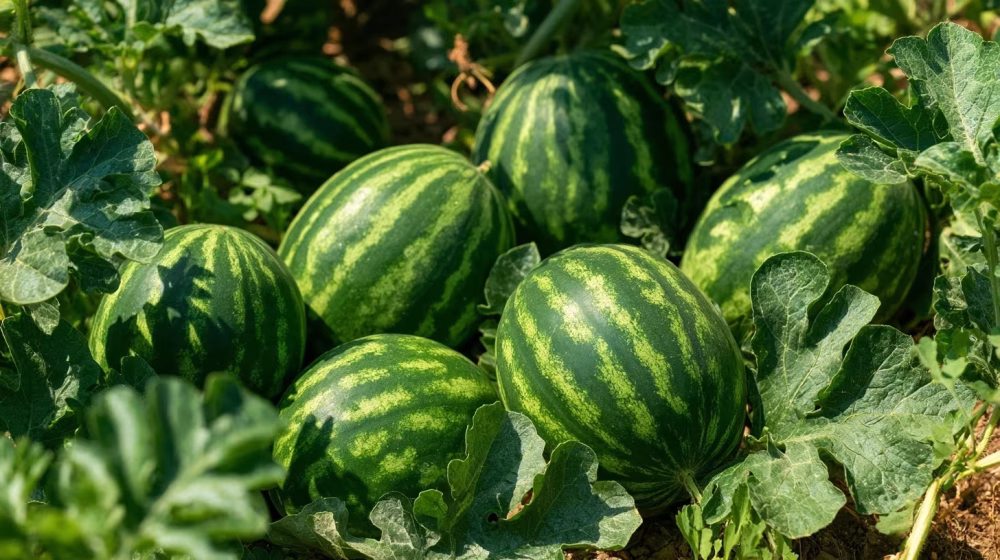 Plusieurs pastèques mûres de tailles variées sur des plants sains dans un potager méditerranéen