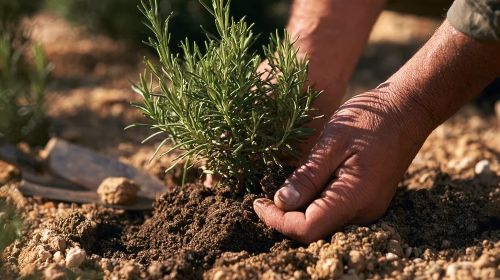 Main tenant un jeune romarin au-dessus d’un trou de plantation dans une terre drainante