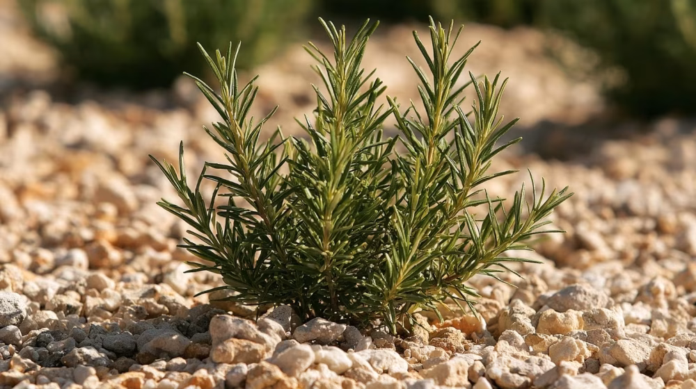 Jeune romarin aux feuilles étroites installé dans un sol caillouteux et drainant en Provence