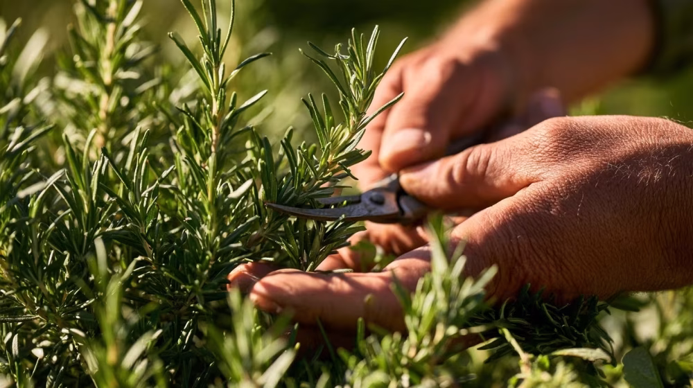 Main taillant légèrement les extrémités d’un romarin vert avec un sécateur propre