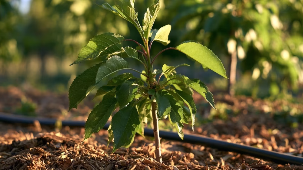 Jeune cerisier arrosé au pied par un goutte-à-goutte dans un jardin sec de Provence