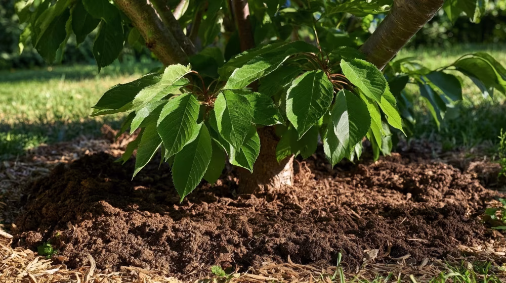 Compost mûr réparti autour du pied d’un cerisier dans un jardin provençal