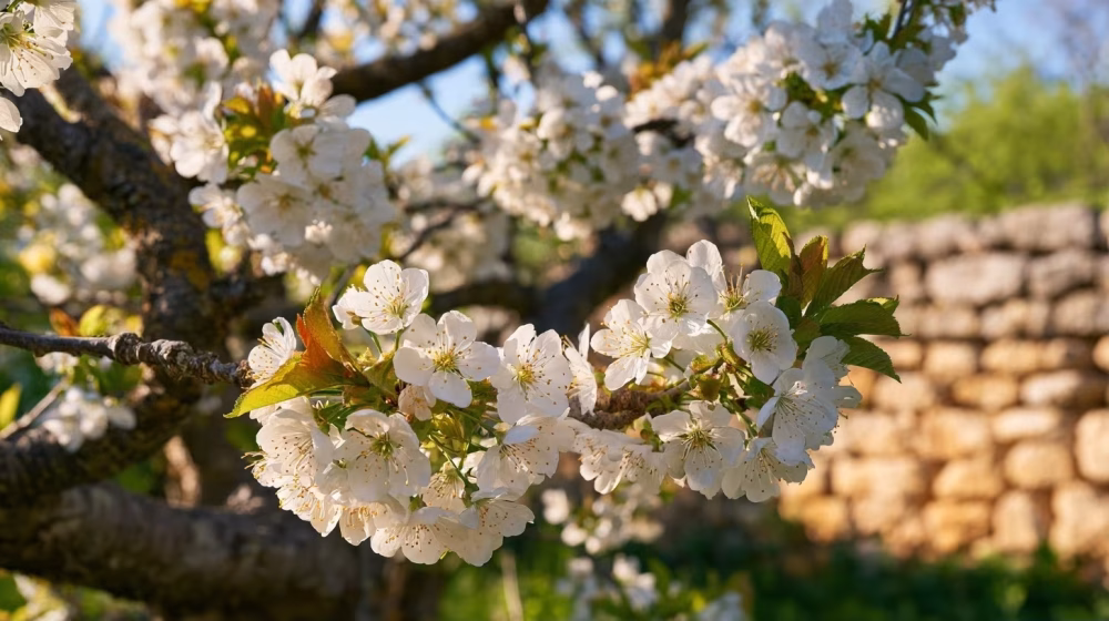 Fleurs blanches de cerisier Prunus avium au printemps dans un jardin près de Manosque