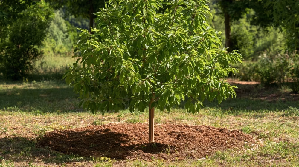 Jeune cerisier Prunus avium planté dans une terre ameublie et drainante dans un jardin de Provence