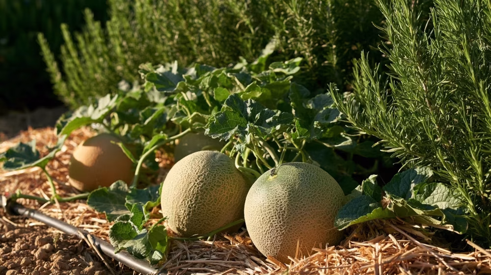 Plant de melon paillé avec arrosage au pied dans un potager provençal