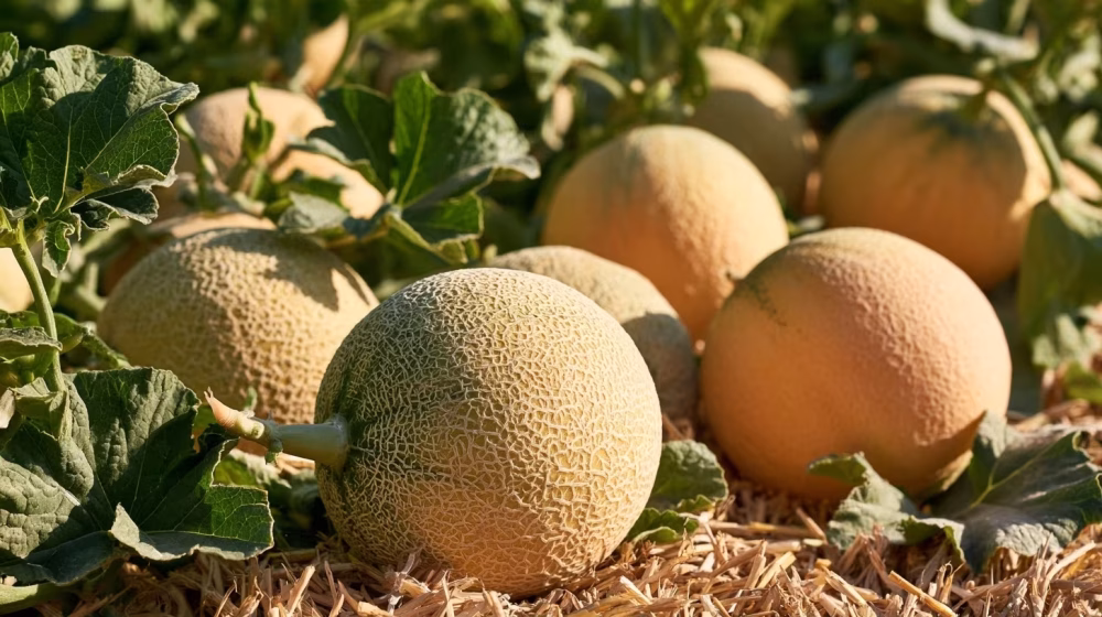 Melons charentais mûrs sur leurs plants dans un potager de Provence