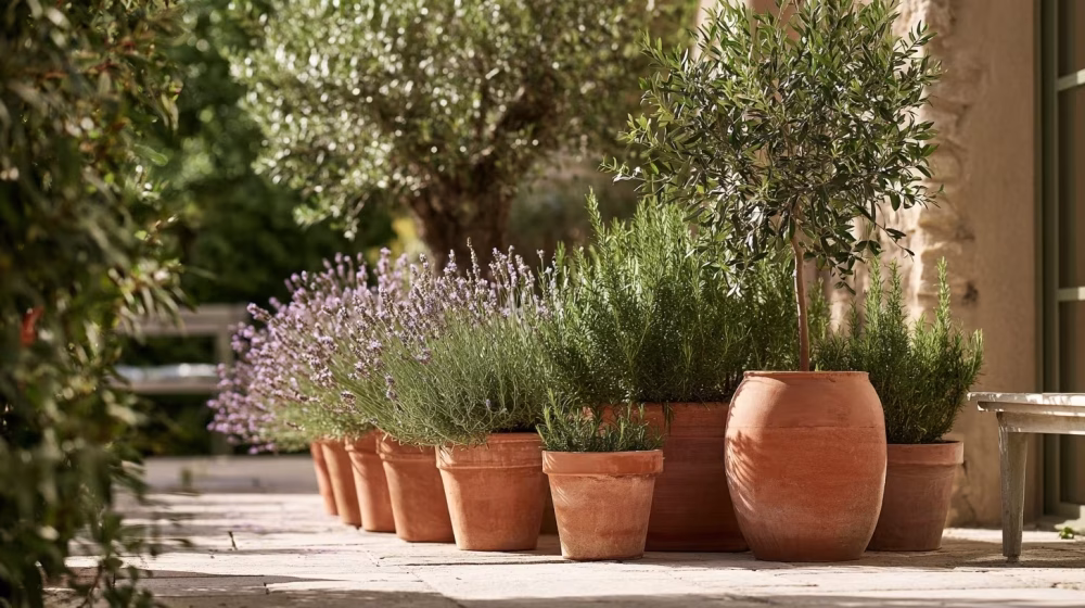 Pots en terre cuite de lavande, romarin et olivier sur une terrasse provençale ensoleillée