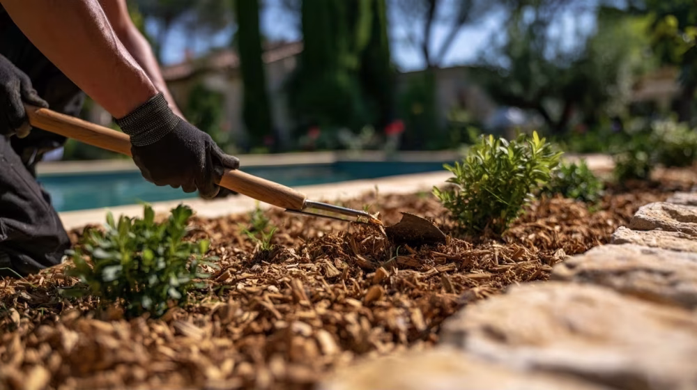 Jardinier utilisant une binette pour désherber un massif paillé loin du bassin de piscine