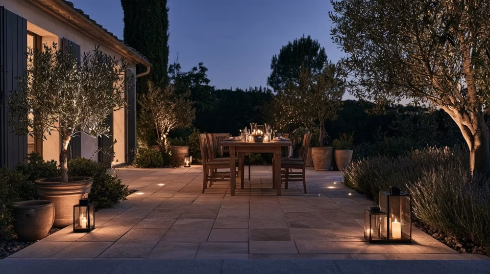 Terrasse provençale à la tombée du jour avec lanternes discrètes et éclairage doux des plantes