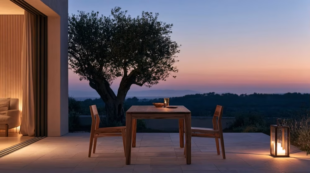 Terrasse provençale éclairée avec table en bois d’olivier et lanterne