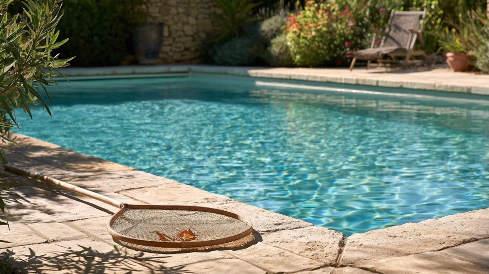 Épuisette posée sur la margelle d’une piscine pour retirer feuilles et insectes