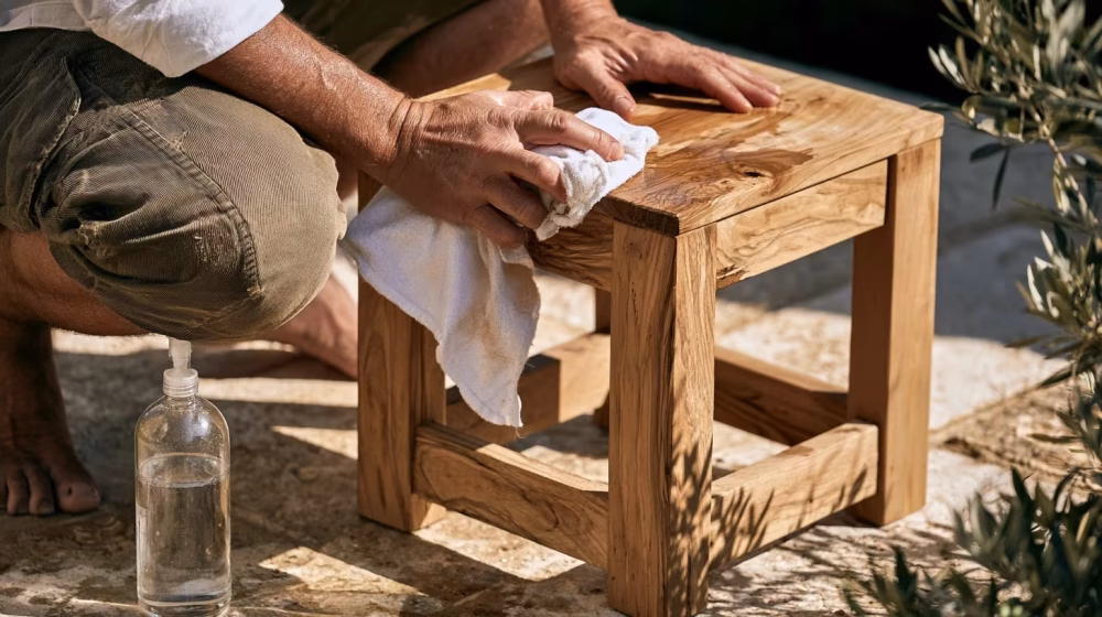 Application d’huile naturelle sur un tabouret en bois d’olivier en extérieur