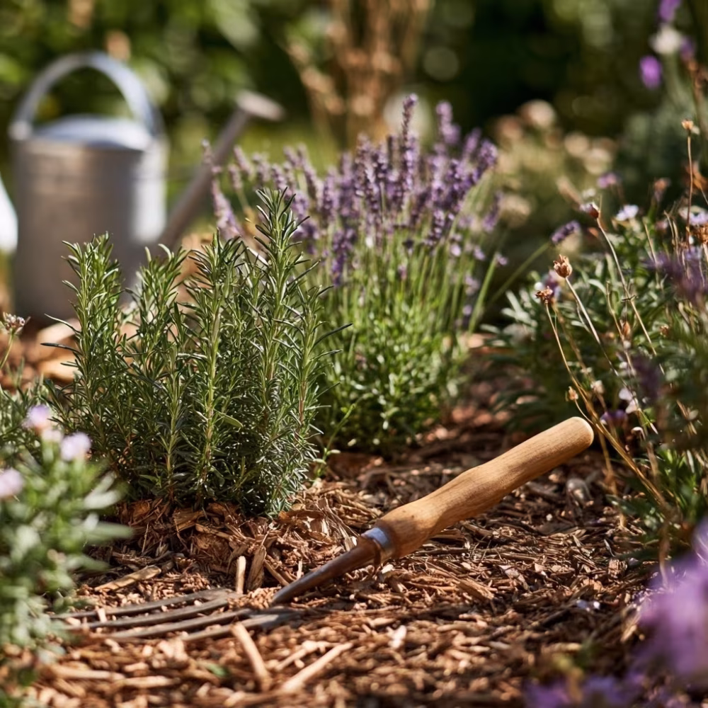Outils de jardinage manuel au pied de lavandes pour un entretien écologique