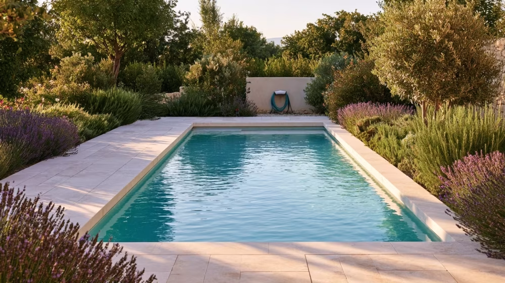 Abords propres d’une piscine avec plantations méditerranéennes et matériel d’entretien rangé