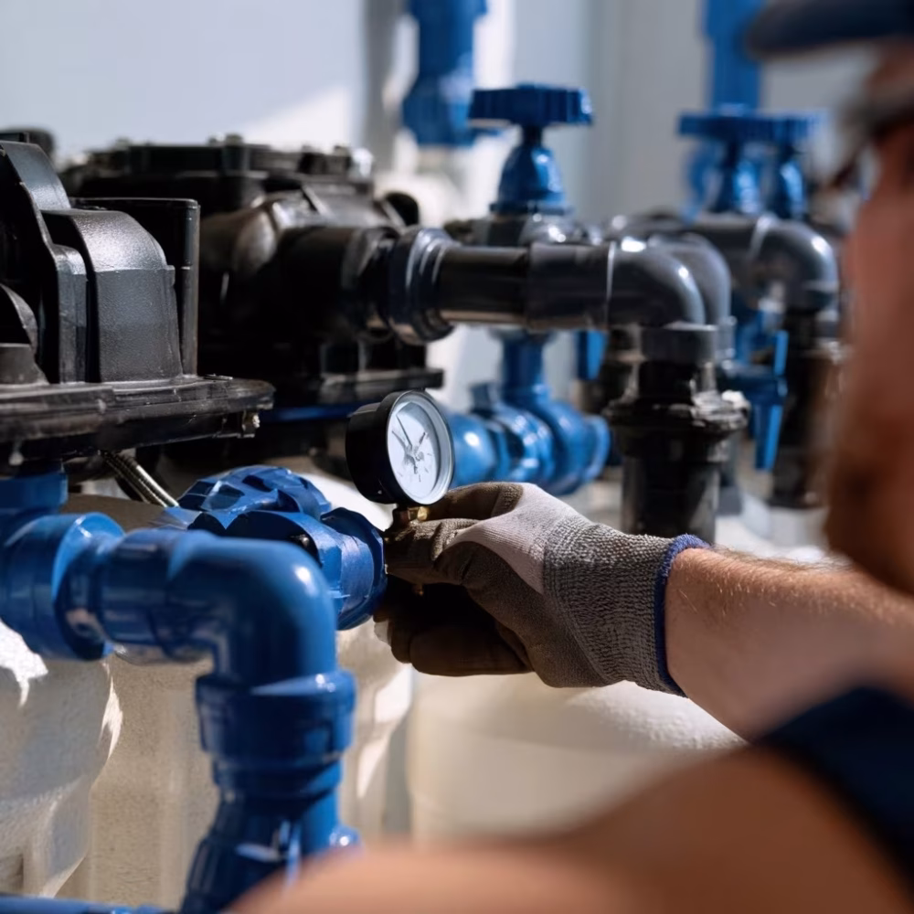 Technicien contrôlant le manomètre et les vannes de filtration d’une piscine