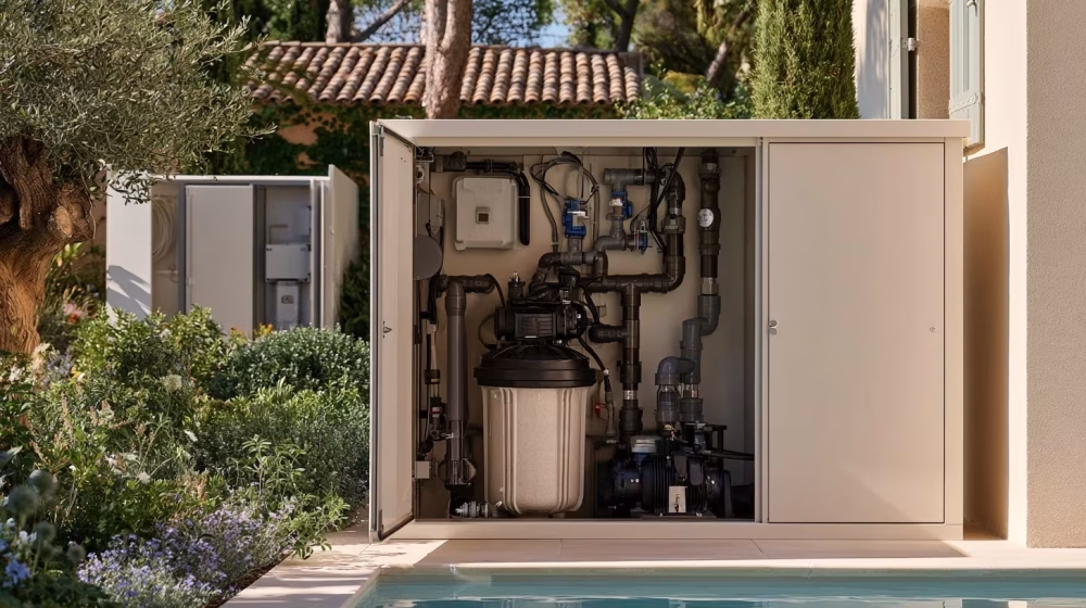 Équipement de filtration de piscine propre et accessible dans un local technique sec