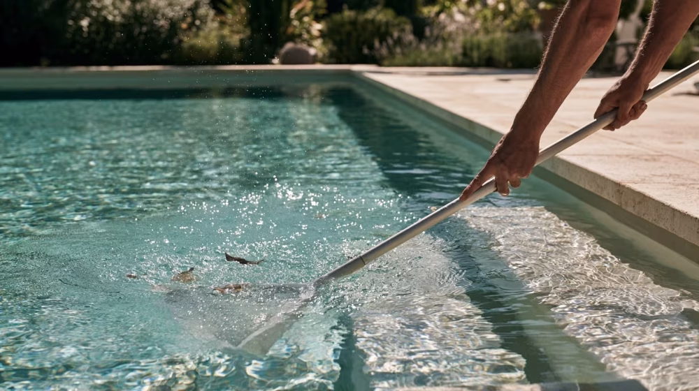 Main utilisant une épuisette de piscine sur une eau claire près d’un jardin méditerranéen