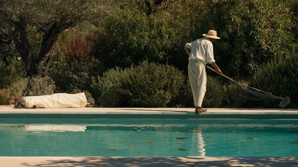Retrait manuel de débris dans une piscine propre au cœur d’un jardin provençal