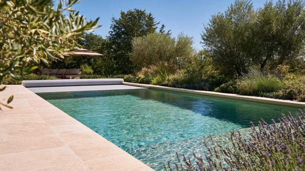Piscine de jardin protégée par une couverture enroulée, avec margelles en pierre et végétation méditerranéenne