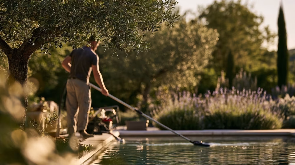Entretien de piscine au printemps dans un jardin provençal