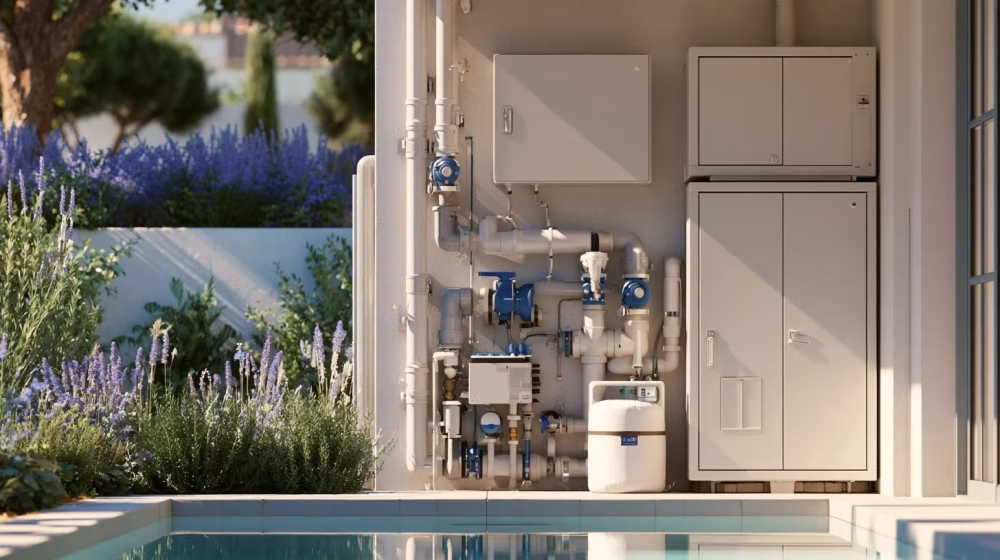 Équipement de filtration de piscine installé près d’un jardin provençal