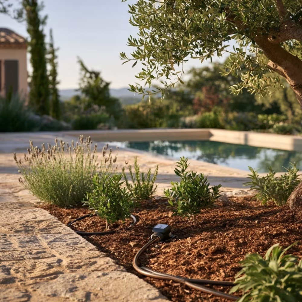 Équipements discrets autour d’une piscine dans un jardin méditerranéen