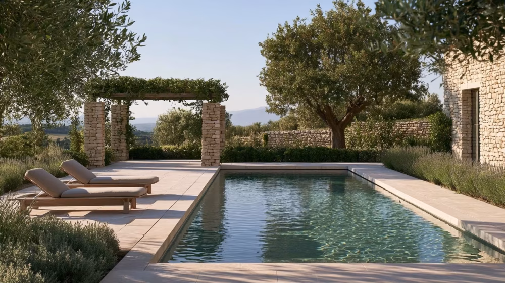 Transats et cheminement dégagé autour d’une piscine provençale