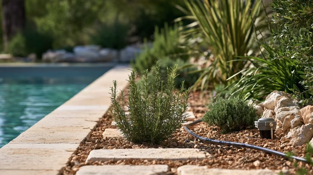 Tuyau goutte-à-goutte discret dans un massif paillé et entretenu près d’une terrasse de piscine