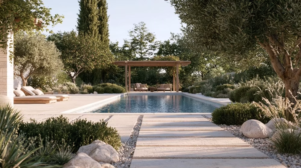 Terrasse en pierre claire avec passage libre, pergola et végétation méditerranéenne à distance du bassin