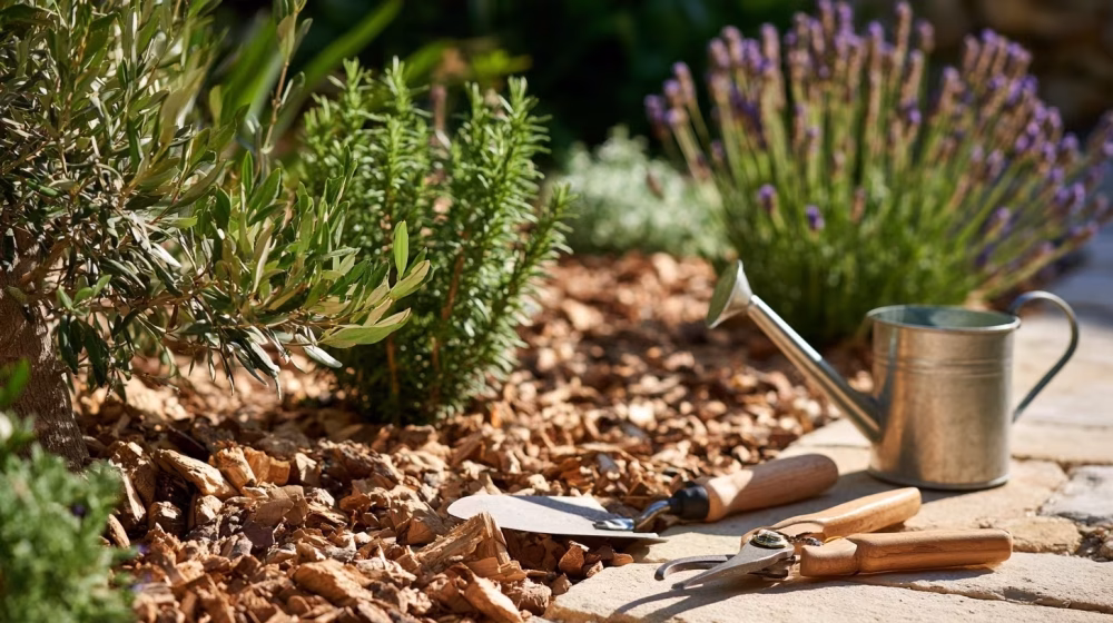 Outils de jardinage propres posés près d’un massif méditerranéen paillé en Provence