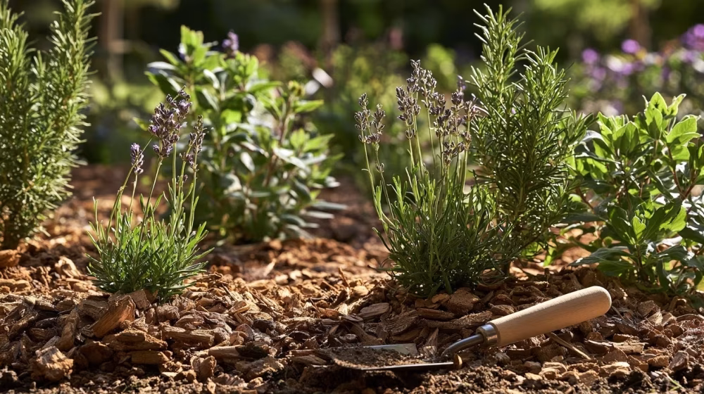 Massif méditerranéen préparé avec sol ameubli et paillage organique dans un jardin de Provence