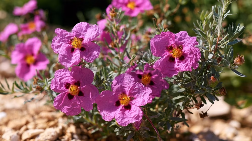 Fleurs roses froissées d’un ciste pourpre en floraison en Provence