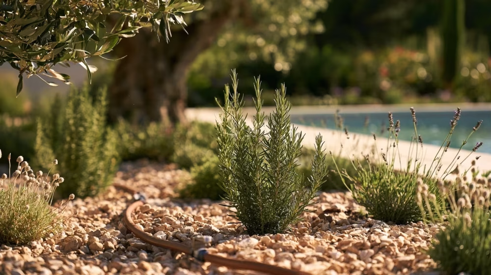 Tuyau de goutte-à-goutte au pied de romarin et lavandes près d’une piscine