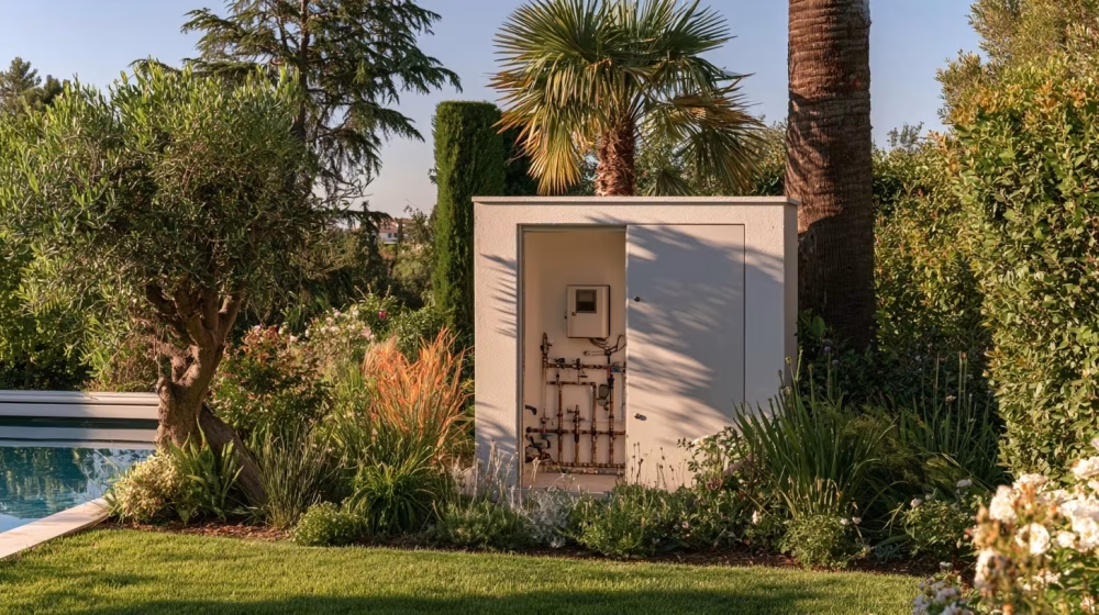 Coffret d’arrosage automatique installé dans un jardin provençal près d’une piscine
