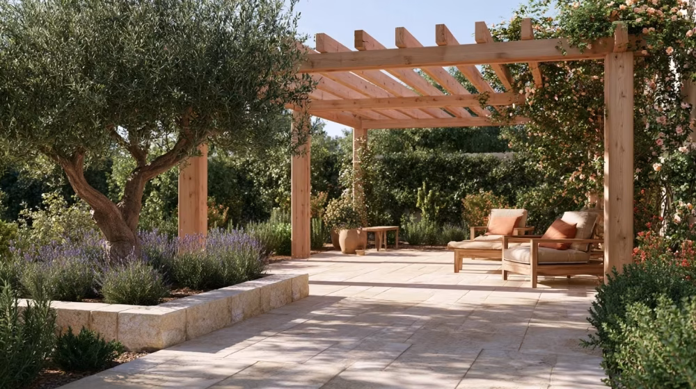 Pergola en bois intégrée à une terrasse provençale avec olivier, lavande et mobilier extérieur