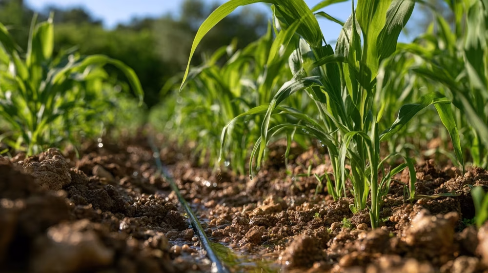 Ligne de goutte-à-goutte apportant de l’eau au pied de jeunes plants de millet