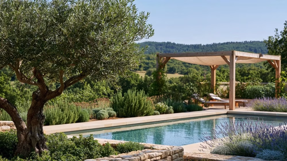 Jardin provençal : un coin ombragé autour de la piscine
