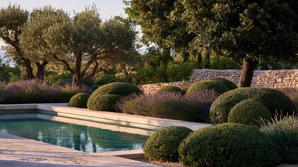 Jardin vert et fleuri autour de la piscine en Provence