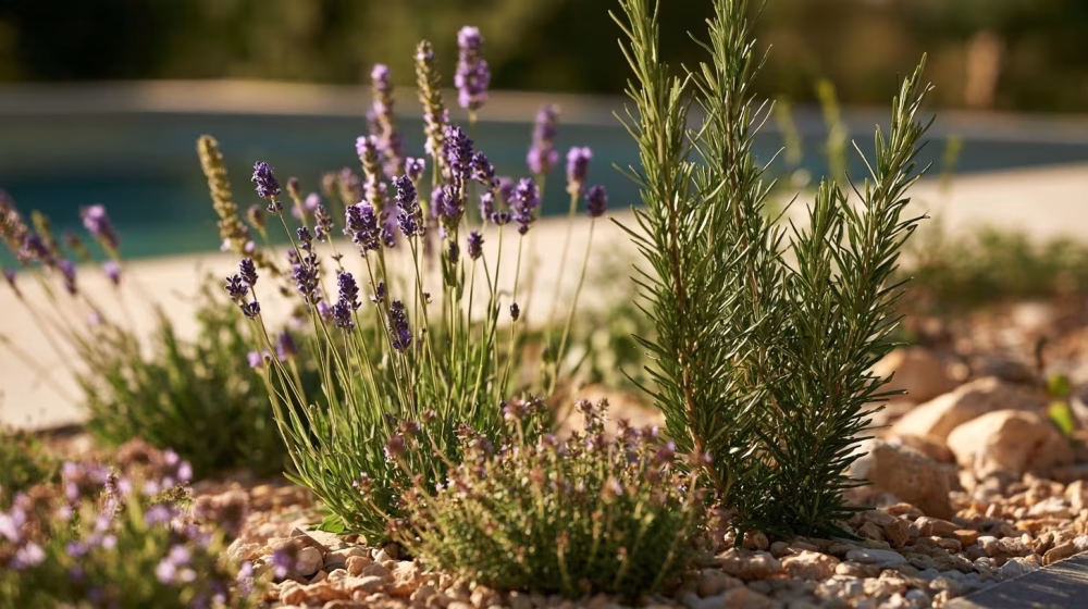 Lavande en fleurs, romarin et thym dans un massif méditerranéen près d’une piscine