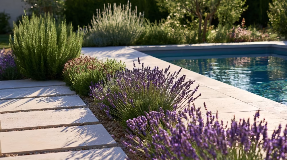 Plantes aromatiques autour d’une piscine en Provence
