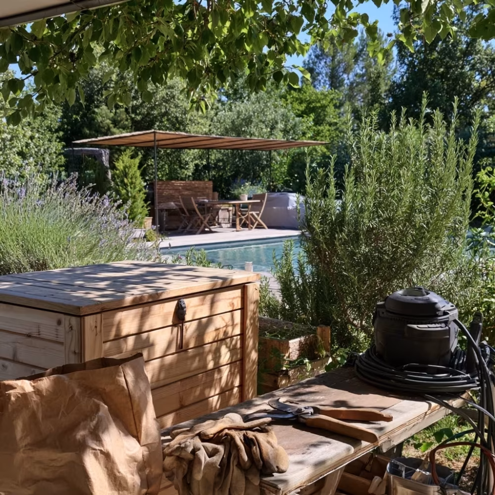 Coin de maintenance de jardin avec matériel rangé près d’une piscine