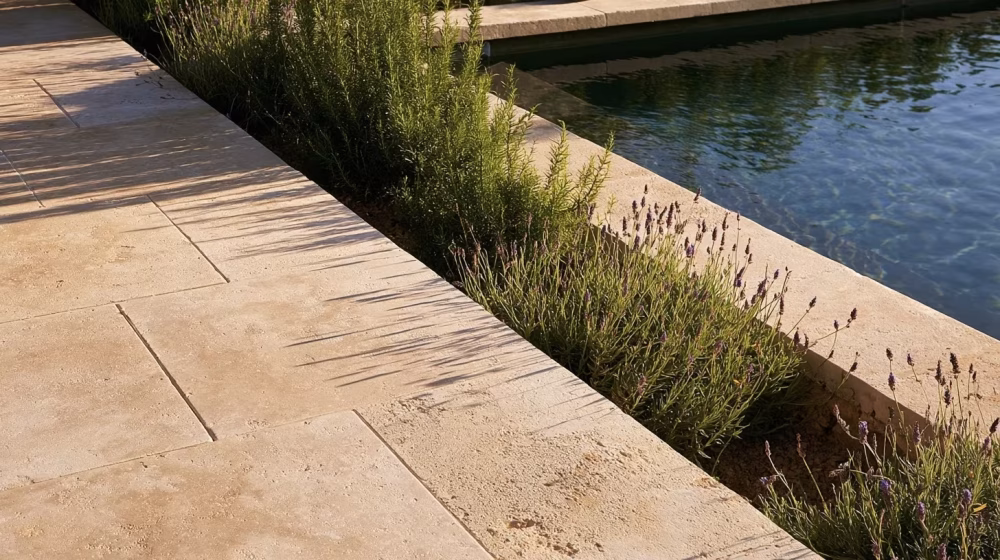 Allée dégagée en pierre à gauche, bord planté et piscine à droite dans un jardin provençal