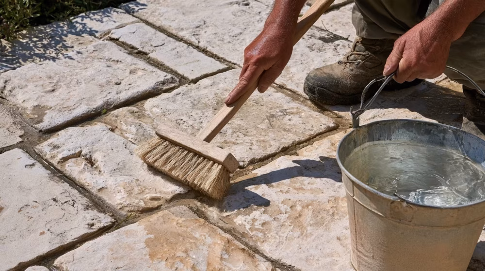 Brosse souple et seau d’eau claire pour nettoyer une terrasse en pierre calcaire